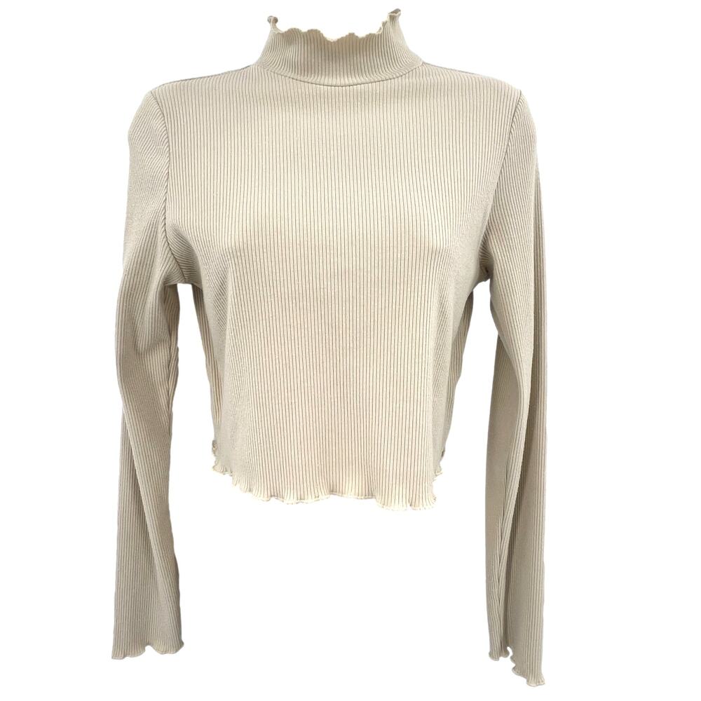 Aerie Top Women's L Oatmeal Y2K Cottagecore Ribbed Mock Neck Cropped‎ Feminine